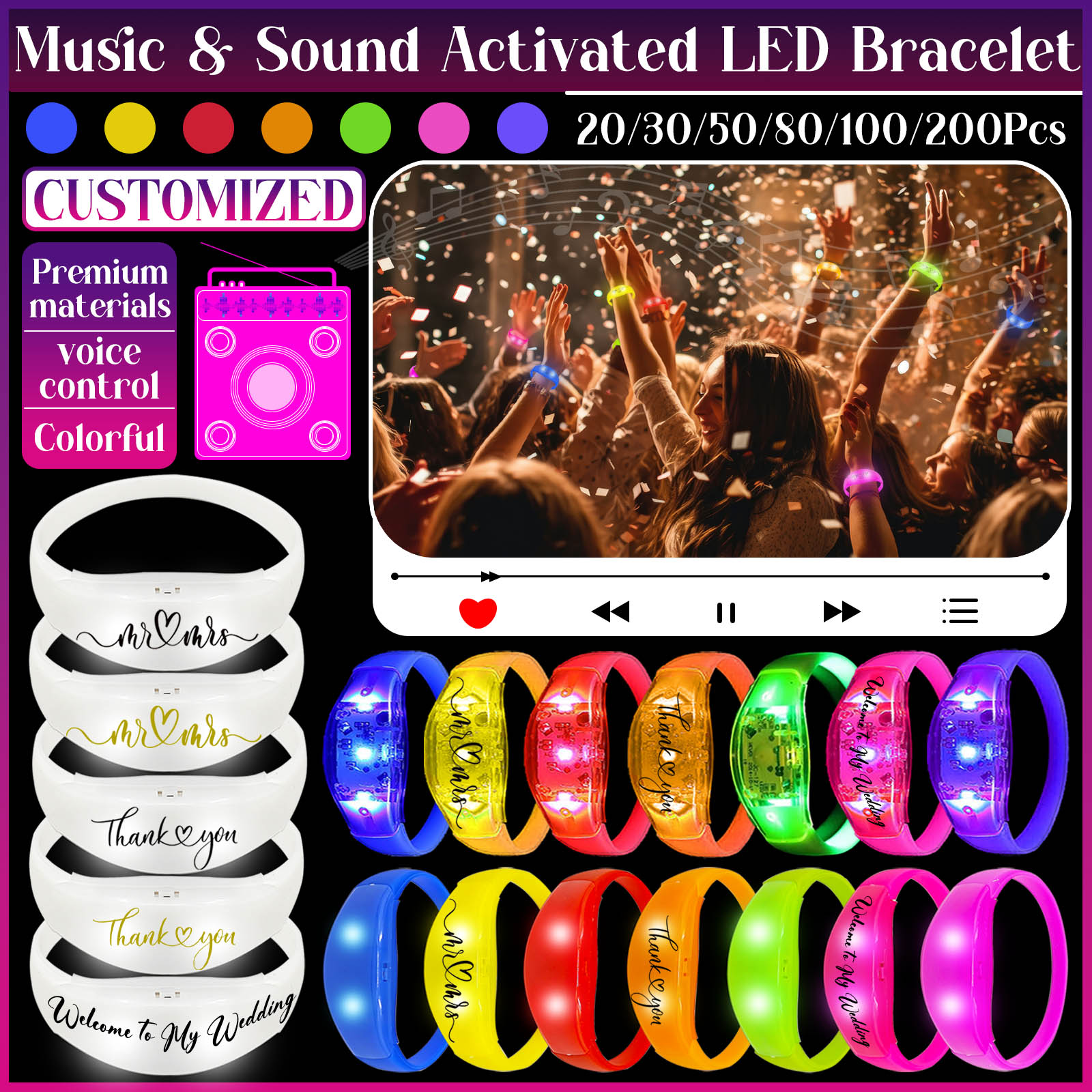 Audio Music Light - 20-200 pezzi Braccialetti LED attivi con